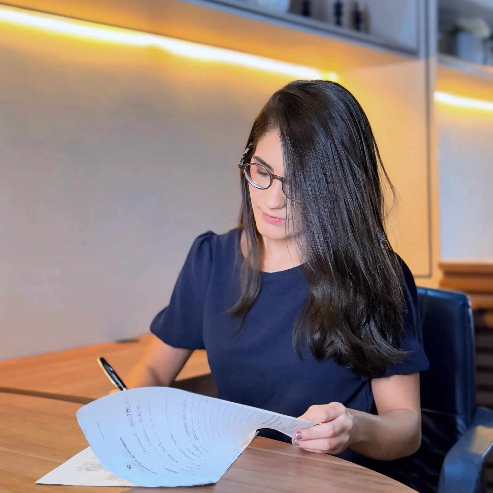 Amanda Kummer lendo um documento à mesa do escritório